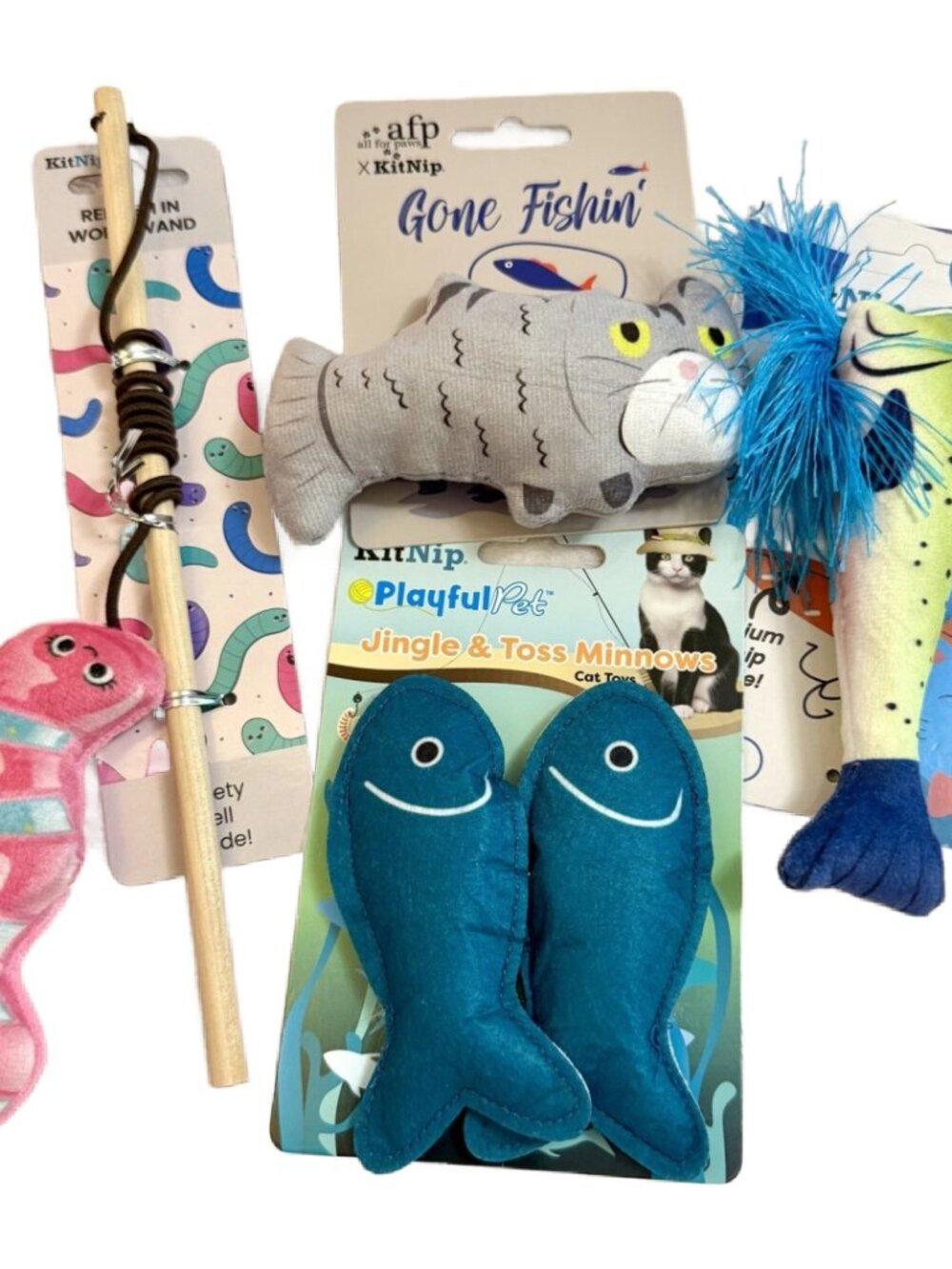 KitNip Kitty Cat Interactive Catnip Plush Catfish Fishing Pole Lot of 4 Toys New